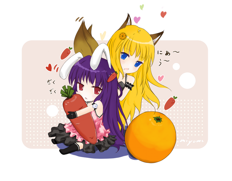 animal_ears bangs black_dress blunt_bangs bunny_ears carrot cat_ears cat_tail chibi copyright_request dress food fruit illusionk long_sleeves looking_at_viewer minigirl multiple_girls object_hug orange red_eyes simple_background tail white_background