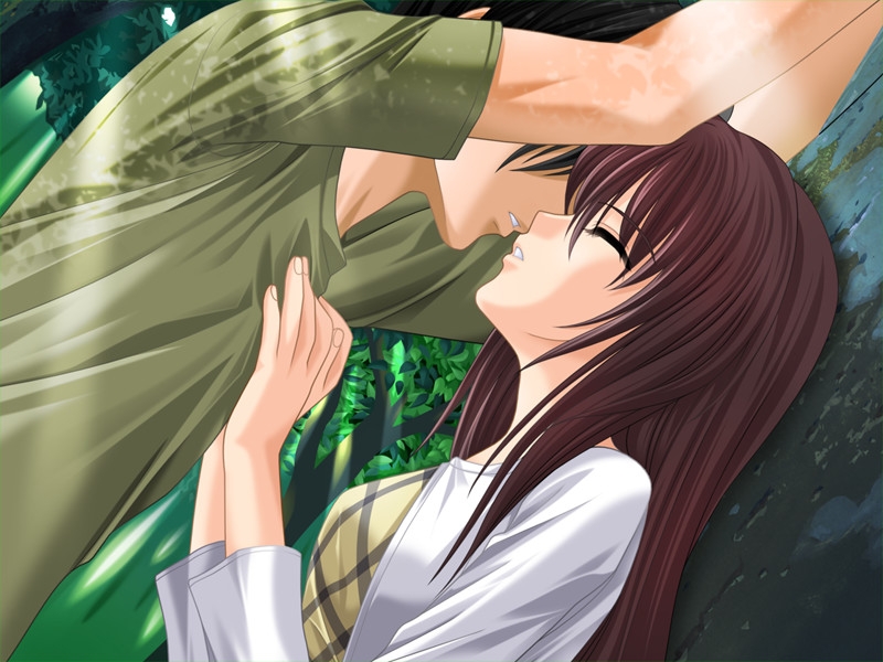 1girl against_tree aniyome brown_hair closed_eyes couple game_cg hetero kagura_miwa kiss long_hair outdoors takatsuki_noboru tree