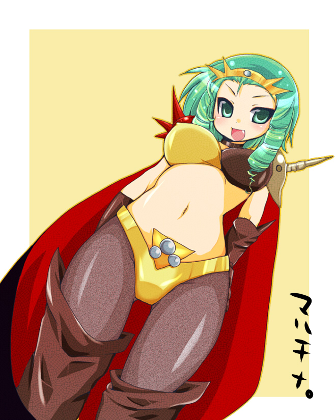 boots breasts cape character_name fang gloves green_eyes green_hair large_breasts martina_zoana_mel_navratilova multicolored multicolored_cape multicolored_clothes navel pantyhose shoulder_pads slayers smile solo thigh_boots thighhighs tiara