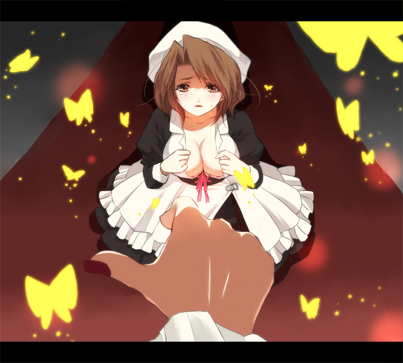 breasts bug butterfly cleavage hands insect large_breasts letterboxed maid shannon solo_focus takasuna_akira umineko_no_naku_koro_ni