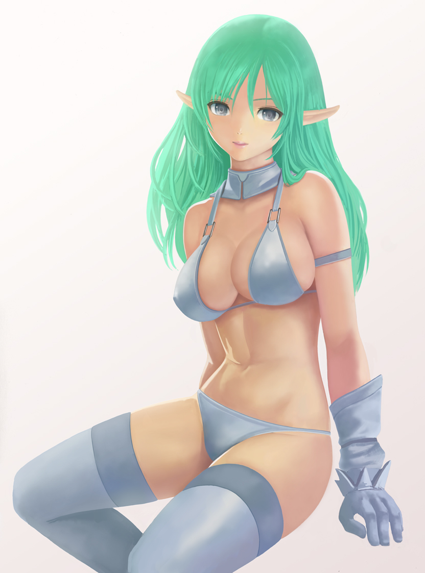 armor bikini_armor blue_eyes breasts cleavage gloves green_hair kanzeon large_breasts long_hair looking_at_viewer navel o-ring o-ring_top original parted_lips pointy_ears sitting skindentation smile solo thighhighs