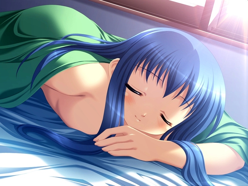 alto blue_hair closed_eyes game_cg iwasaki_kouji kagami_shouko sleeping solo topless