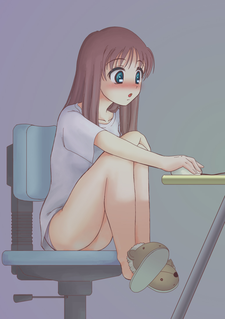 blush brown_hair chair computer green_eyes mouse_(computer) no_pants nonta original panties slippers solo striped striped_panties underwear
