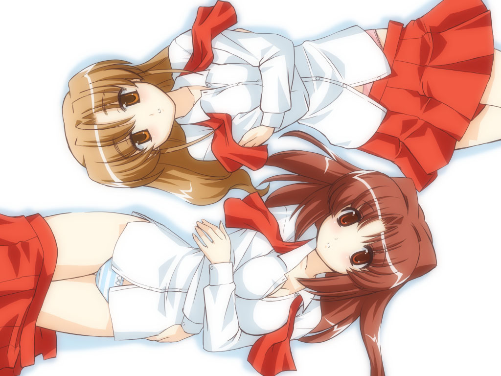 breast_hold breasts brown_hair cleavage kannagi_youko katagiri_chihaya long_hair medium_breasts multiple_girls orange_eyes panties red_eyes school_uniform skirt skirt_pull striped striped_panties tokino ukagaka underwear wallpaper