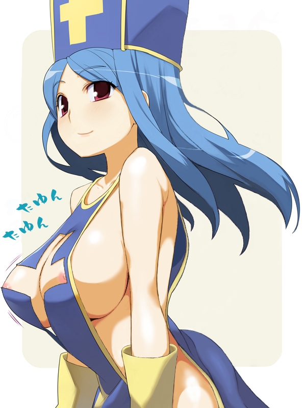 blue_hair bouncing_breasts breasts cleavage_cutout covering dragon_quest dragon_quest_iii hat large_breasts long_hair mitre naked_tabard nipple_slip nipples nora_higuma priest_(dq3) red_eyes smile solo tabard