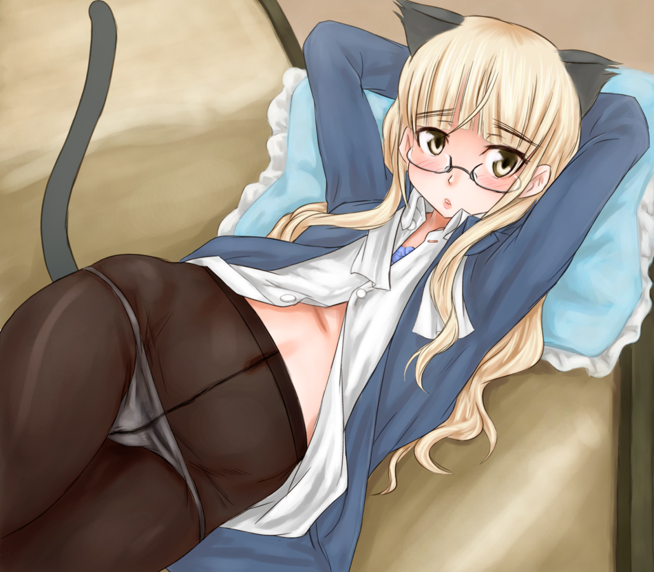 blonde_hair blush crotch_seam glasses long_hair lying on_back panties panties_under_pantyhose pantyhose perrine_h_clostermann scharfschutze solo strike_witches tail underwear world_witches_series