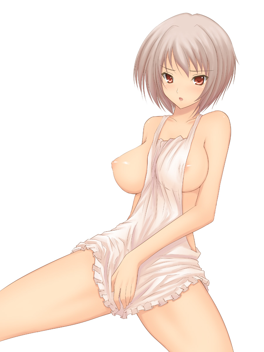 apron bad_id bad_pixiv_id breast_slip breasts highres large_breasts naked_apron nipples one_breast_out open_mouth original red_eyes shima-shuu shiny shiny_skin short_hair silver_hair simple_background sitting solo spread_legs white_background