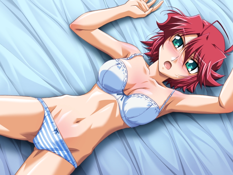 bed blush bra doki_doki_rooming game_cg green_eyes kasuga_haru lingerie lying mutou_keiji non-web_source panties red_hair short_hair solo striped striped_panties underwear underwear_only