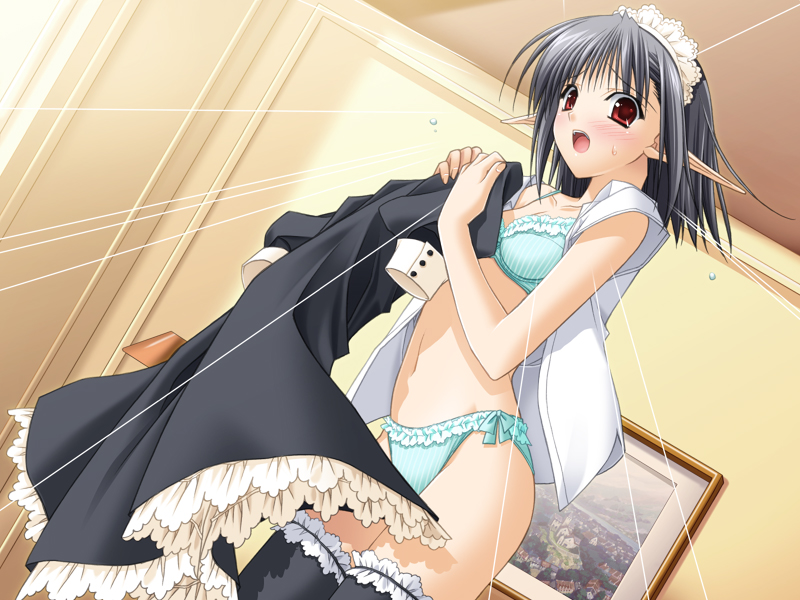 black_hair bra dutch_angle embarrassed game_cg lingerie maid open_clothes open_shirt panties pointy_ears red_eyes sage_(tick!_tack!) shirt short_hair shuffle! solo suzuhira_hiro thighhighs tick!_tack! underwear underwear_only undressing