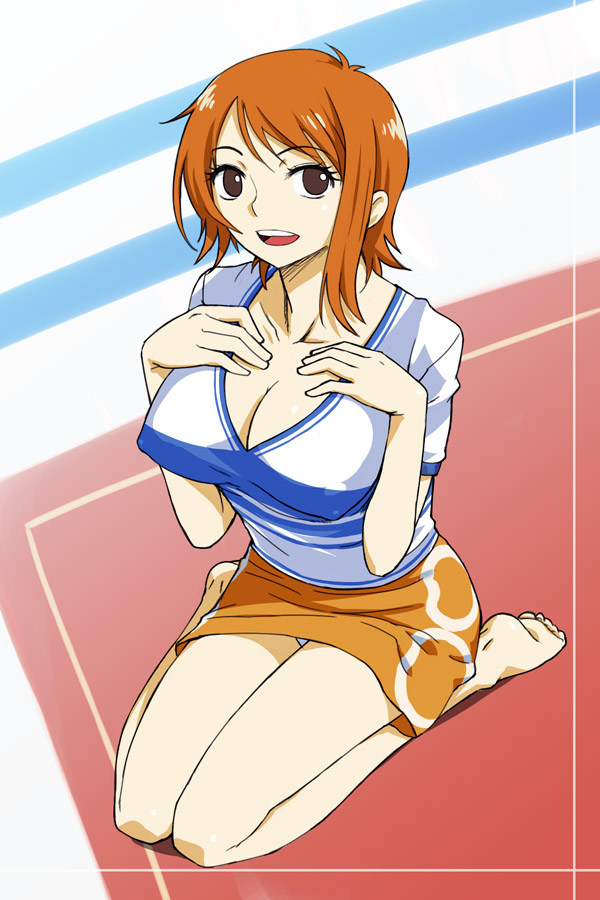 barefoot breasts cleavage kneeling large_breasts michael nami_(one_piece) one_piece orange_hair panties pantyshot pantyshot_(kneeling) short_hair skirt solo underwear
