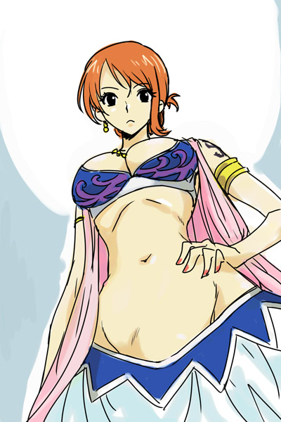 armband breasts cleavage curvy earrings jewelry large_breasts michael midriff nami_(one_piece) navel one_piece orange_hair short_hair solo tattoo