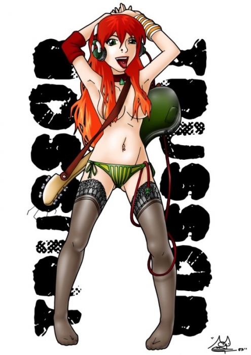 codak guitar headphones instrument navel_piercing nose_piercing panties piercing red_hair solo thighhighs tongue tongue_piercing topless underwear