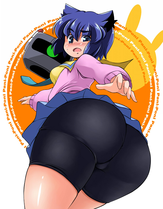 ass bike_shorts blue_eyes blue_hair blush copyright_name huge_ass looking_back pani_poni_dash! serizawa_akane short_hair shorts shorts_under_skirt solo sugiura