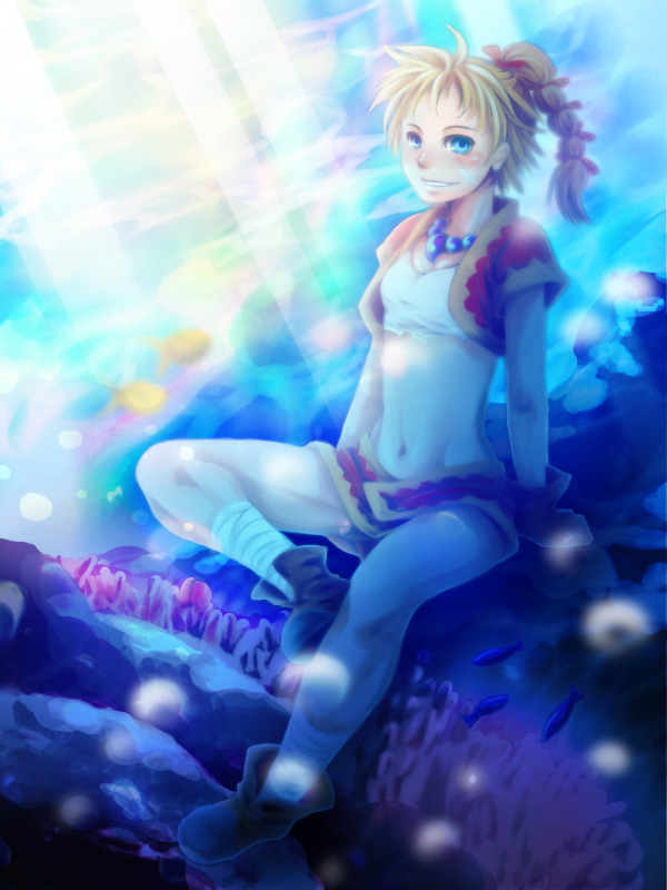 air_bubble blonde_hair blue_eyes boots breasts bubble chrono_cross full_body gloves groin high_ponytail jacket jewelry kid_(chrono_cross) long_hair looking_at_viewer midriff miniskirt misumi_kouji multi-tied_hair navel necklace ponytail sitting skirt small_breasts smile solo submerged tank_top underwater vest