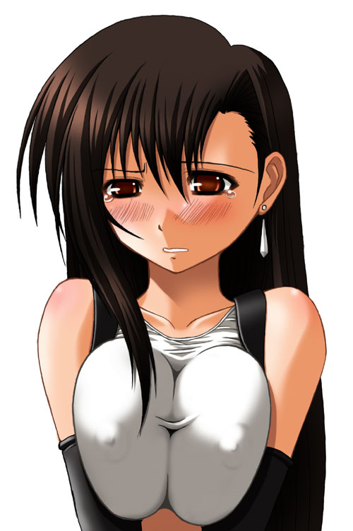 abu bare_shoulders black_hair blush breast_squeeze breasts covered_nipples elbow_gloves final_fantasy final_fantasy_vii gloves large_breasts long_hair solo suspenders tank_top tears tifa_lockhart