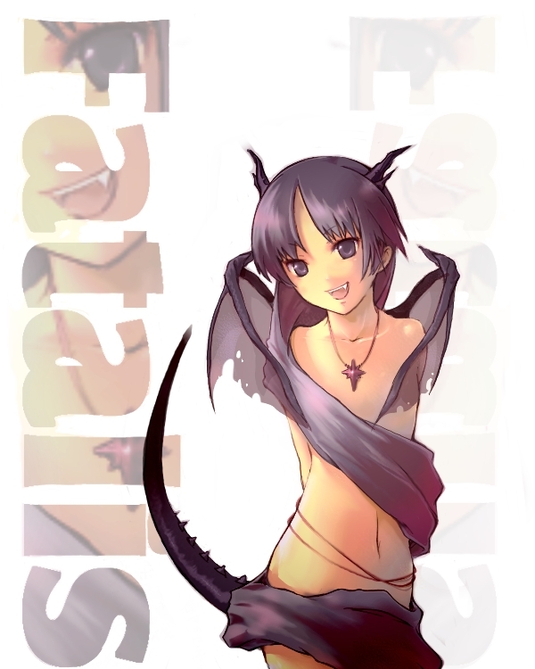 androgynous bad_id bad_pixiv_id black_hair fangs fatalis flat_chest grey_eyes horns jewelry monster_hunter navel necklace nocchi_(nottiri) nude personification solo tail wings
