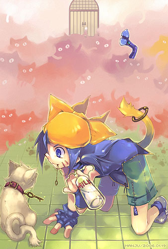 animal_ears blue_eyes blue_hair cat cat_ears commentary_request fingerless_gloves gloves jewelry key lowres male_focus milk original ring sanjou_sorata shorts solo tail