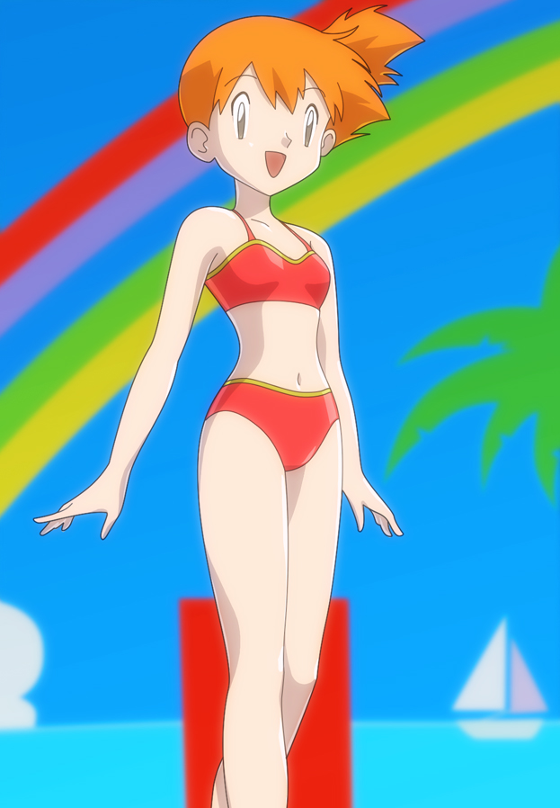 bikini kasumi_(pokemon) midriff orange_hair pokemon rainbow side_ponytail solo swimsuit vector_trace