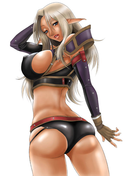 ass back blue_eyes breasts copyright_request covered_nipples dark_skin elbow_gloves elf fingerless_gloves gloves huge_breasts lips lipstick long_hair looking_back makeup midriff pointy_ears sideboob silver_hair smile solo toguchi_masaya