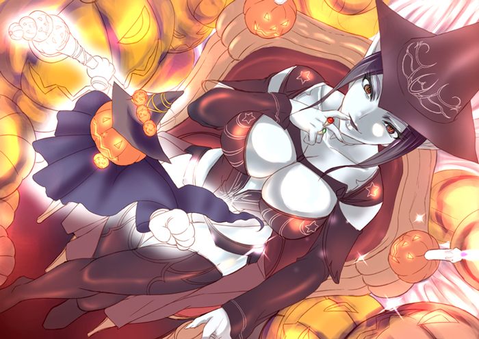 breasts cleavage halloween hat jack-o'-lantern large_breasts original pumpkin solo tenka_taihei thighhighs white_skin witch witch_hat