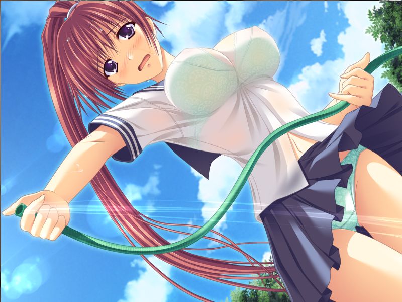 blue_eyes bra breasts chiba_chinatsu dutch_angle game_cg hose impossible_clothes impossible_shirt jpeg_artifacts large_breasts lingerie long_hair non-web_source noto_marie okitsune_summer panties pantyshot ponytail red_hair school_uniform see-through shirt solo underwear wind wind_lift