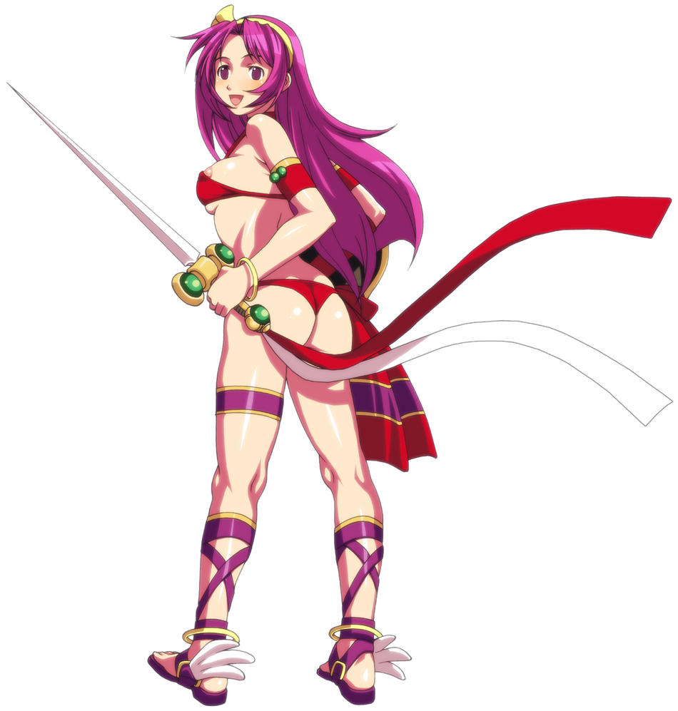 :d anklet areola_slip areolae armband ass athena_(series) back bangs bikini blush bracelet breasts covered_nipples cross-laced_footwear from_behind full_body gem goddess hairband holding holding_weapon iroiro jewelry kneepits legs long_hair looking_back looking_to_the_side medium_breasts neo_geo_battle_coliseum open_mouth princess_athena puffy_nipples purple_eyes purple_hair red_bikini ribbon sandals shield shiny shiny_skin shoes sideboob simple_background smile snk solo standing swimsuit sword thigh_strap thong_bikini underboob weapon white_background winged_shoes wings