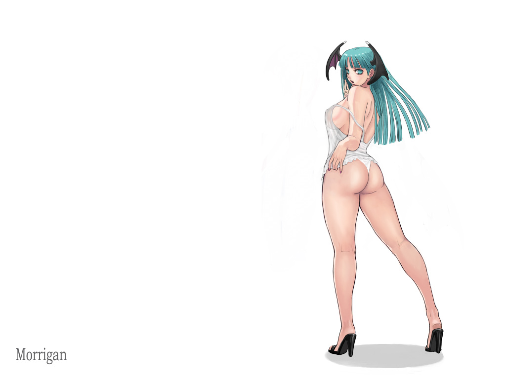 ark_(morita_hitomi) ass bare_shoulders breasts character_name demon_girl green_eyes green_hair head_wings high_heels large_breasts legs lingerie long_hair morrigan_aensland nail_polish nightgown open_mouth panties pink_nails see-through shoes sideboob solo source_request standing succubus underwear vampire_(game)