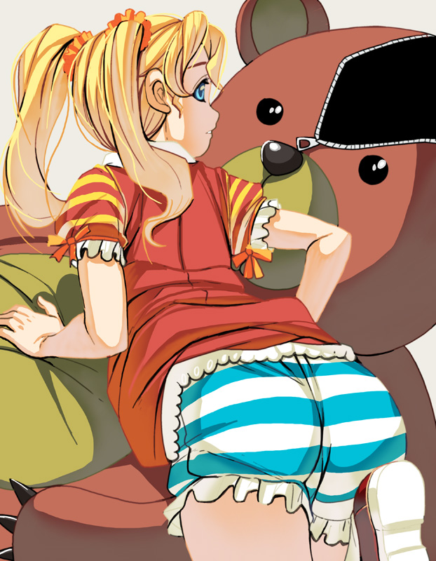 animal_costume ass bad_id bad_pixiv_id bear_costume blonde_hair bloomers blue_eyes copyright_request masao solo striped twintails underwear