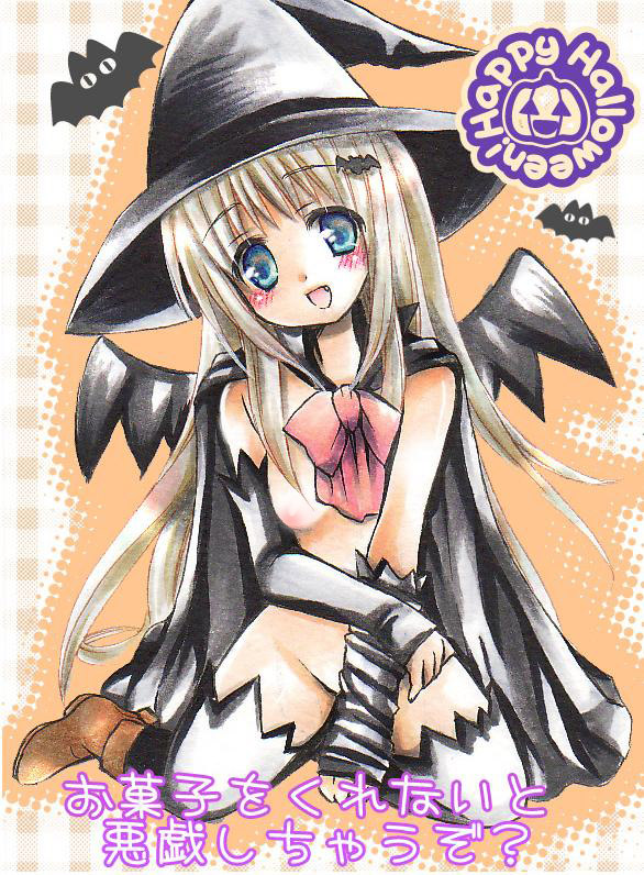 bad_id bad_pixiv_id blonde_hair blue_eyes blush boots bow breasts cape censored fang gloves halloween happy_halloween hat kneeling little_busters! long_hair naked_cape nipples noumi_kudryavka open_mouth pink_bow ribbon shira_ichigo_(ws) silver_hair small_breasts solo thighhighs wings