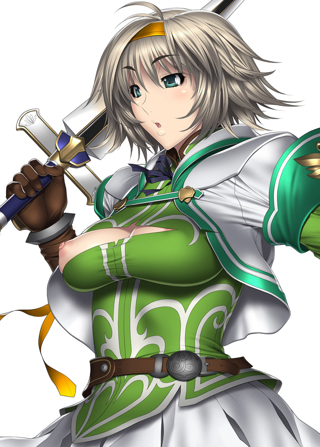 blonde_hair breasts cassandra_alexandra gloves green_eyes hairband kansuke large_breasts nipples short_hair solo soulcalibur sword torn_clothes weapon