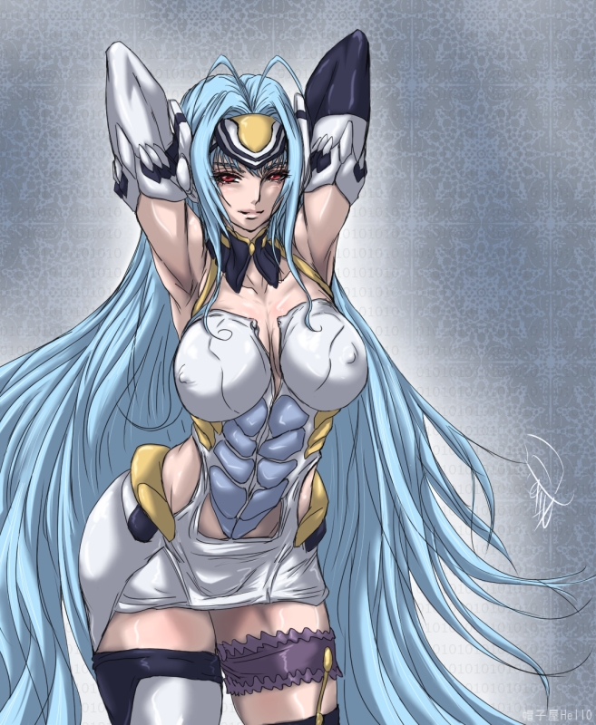 android armpits bad_id bad_pixiv_id breasts contrapposto covered_nipples curvy elbow_gloves garters gloves kos-mos large_breasts long_hair madhatter_hello naughty_face red_eyes solo standing thighhighs very_long_hair xenosaga xenosaga_episode_i