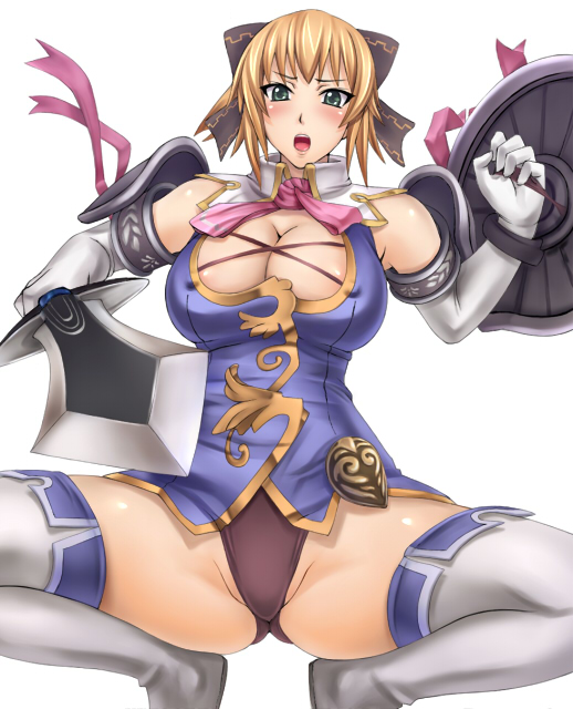 armor bare_shoulders blonde_hair blush boots breasts cassandra_alexandra cleavage cleavage_cutout covered_nipples elbow_gloves gloves green_eyes hair_ribbon large_breasts metadora necktie no_pants panties pink_neckwear ribbon shield simple_background solo soulcalibur soulcalibur_iv spread_legs sword thigh_boots thighhighs underwear weapon