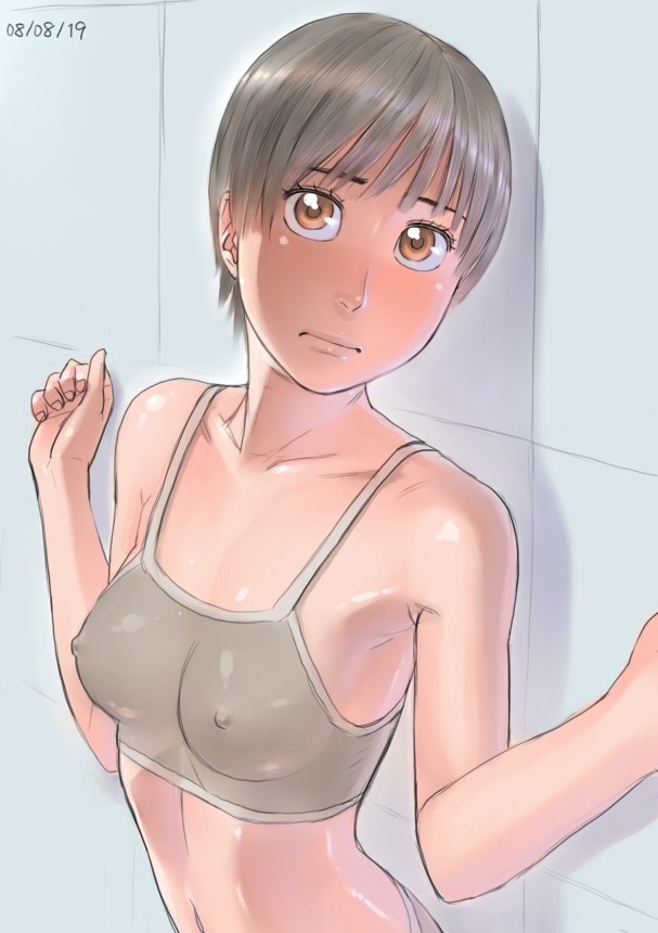 :| against_wall armpits arms_up ayumu_(zenkou) black_hair blush breasts closed_mouth covered_nipples dated head_tilt looking_at_viewer medium_breasts orange_eyes original outstretched_arms shiny shiny_skin short_hair solo sports_bra spread_arms tile_wall tiles zenkou