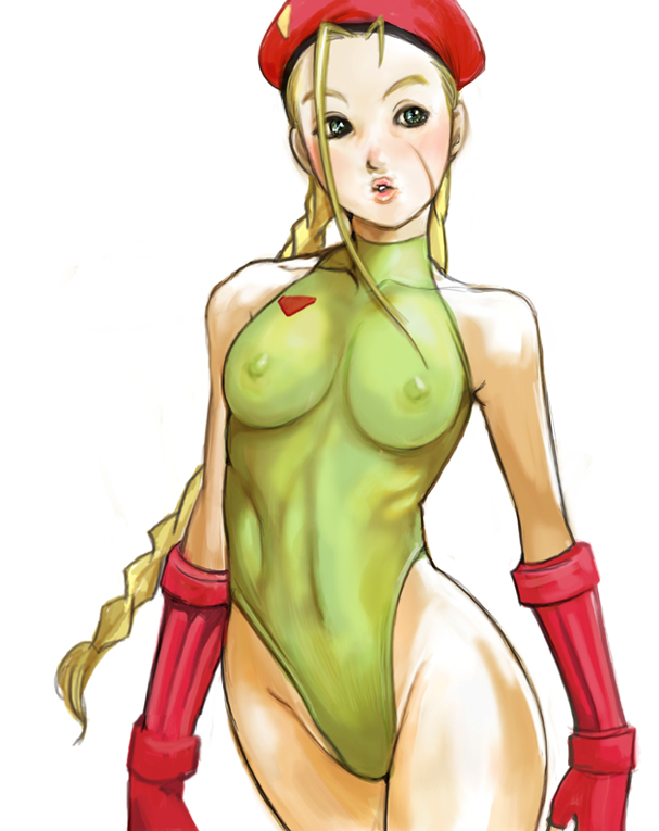 beret blonde_hair breasts cammy_white elbow_gloves gloves green_leotard hat kazaana large_breasts leotard long_hair nipples pout scar solo street_fighter twintails