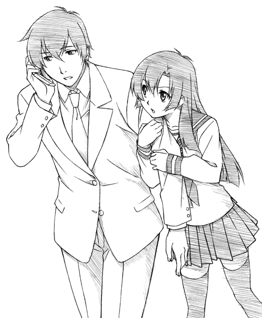 1girl bangs blunt_bangs cellphone commentary_request couple greyscale hetero kuhouin_murasaki kure-nai kurenai_shinkurou long_hair monochrome necktie older phone sawa_jaaji school_uniform sketch skirt thighhighs zettai_ryouiki