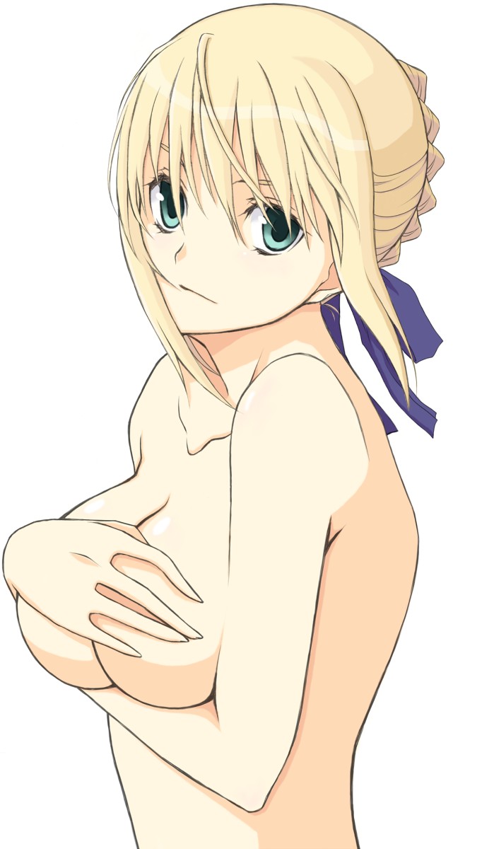 artoria_pendragon_(all) blonde_hair breast_hold breasts covering covering_breasts fate/stay_night fate_(series) green_eyes highres kamimiya medium_breasts saber solo topless