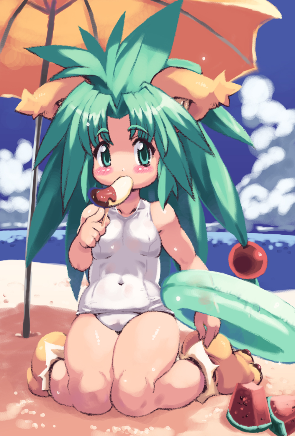 animal_ears banana beach blush cham_cham cloud day food fruit green_eyes green_hair highres holding ice_cream one-piece_swimsuit outdoors paw_shoes samurai_spirits school_swimsuit shoes sky snk solo summer swimsuit white_school_swimsuit white_swimsuit yu_3