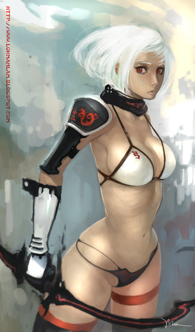 bikini bow_(weapon) breasts copyright_request large_breasts lokman_lam red_eyes short_hair solo swimsuit thigh_strap weapon white_hair