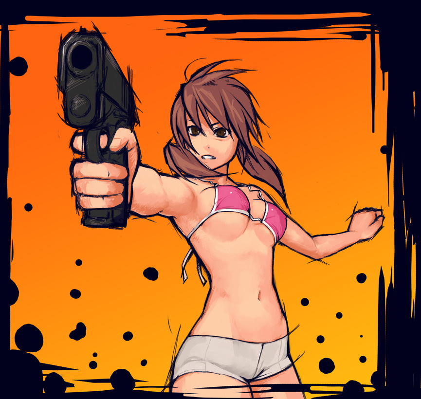 bad_id bad_pixiv_id bikini_top boyshorts breasts brown_eyes brown_hair gun medium_breasts midriff navel original short_shorts short_twintails shorts solo twintails underboob weapon yuuji_(and)