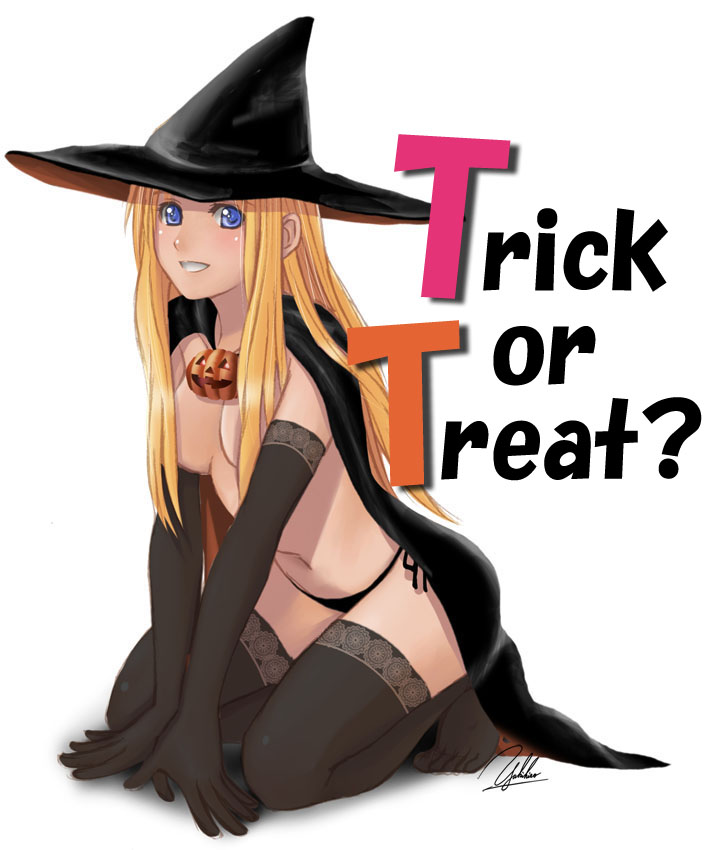 bad_id bad_pixiv_id blonde_hair blue_eyes breasts cape convenient_censoring elbow_gloves gloves hair_censor hair_over_breasts halloween hat jack-o'-lantern long_hair medium_breasts original panties pumpkin side-tie_panties signature smile solo thighhighs trick_or_treat underwear white_background witch_hat yukihiro
