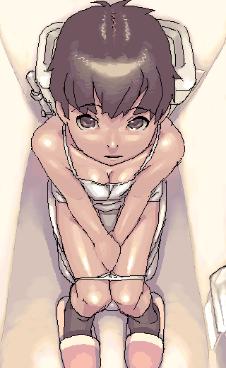 breasts brown_eyes brown_hair camisole cleavage from_above hijiri_rei oekaki original panties panty_pull short_hair slippers small_breasts solo toilet toilet_use underwear white_panties