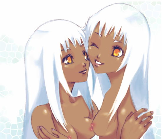 asymmetrical_docking bangs breast_press breasts cheek-to-cheek dark_skin eye_contact from_side grin hug kirschwasser long_hair looking_at_another multiple_girls nipples nude one_eye_closed orange_eyes sidelocks small_breasts smile upper_body white_hair xenosaga yuri