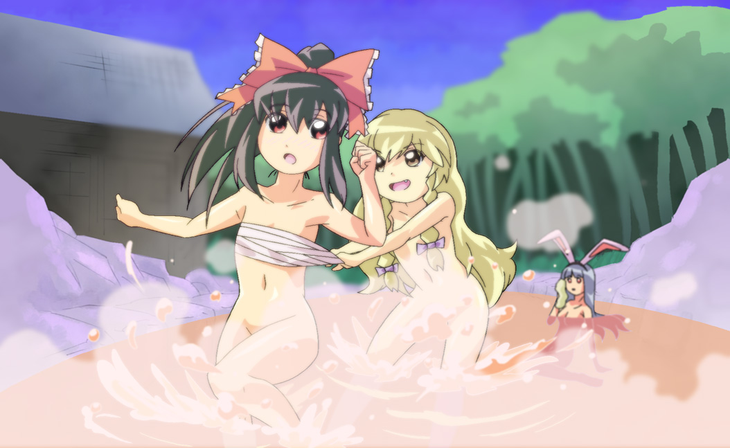 black_hair blonde_hair bow censored convenient_censoring hair_bow hair_over_breasts hakurei_reimu kirisame_marisa multiple_girls nude onsen reisen_udongein_inaba sarashi shokkin touhou