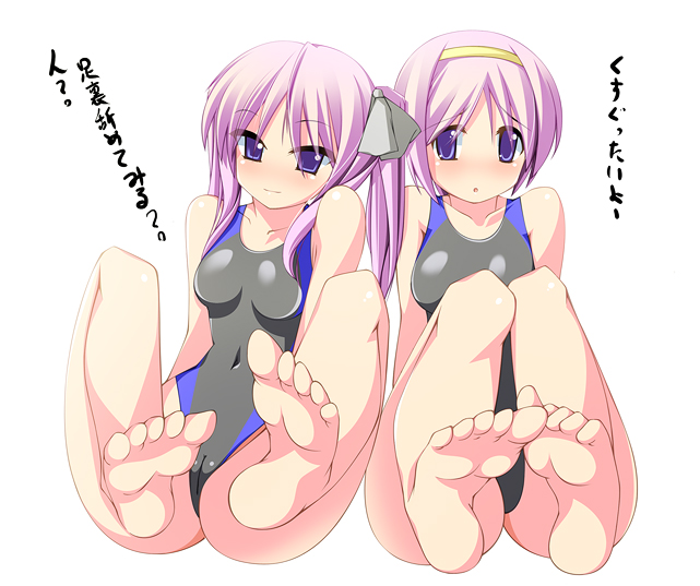barefoot cameltoe competition_swimsuit feet hiiragi_kagami hiiragi_tsukasa long_hair lucky_star multiple_girls non-web_source one-piece_swimsuit purple_eyes purple_hair short_hair siblings sisters soles swimsuit translated twins twintails