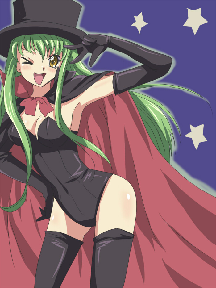 bad_id bad_pixiv_id c.c. cape code_geass cosplay elbow_gloves gloves green_hair hat long_hair maruki_(punchiki) one_eye_closed solo thighhighs yellow_eyes
