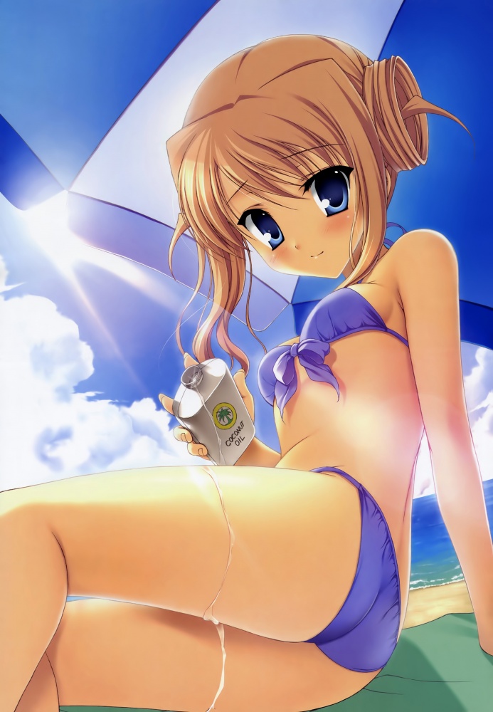 beach bikini blonde_hair day homemaid lotion mitsumine_kaede outdoors solo sunscreen swimsuit tanihara_natsuki umbrella
