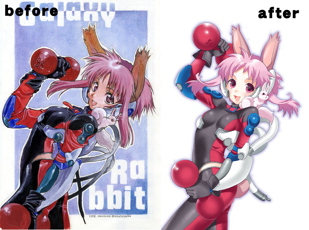 :d animal_ears arm_up artist_progress bad_id bad_pixiv_id blush bodysuit bunny bunny_ears bunny_tail cable copyright_request cyberpunk dual_wielding dumbbell exercise flat_chest gloves holding mattaku_mousuke oldschool open_mouth pet pink_eyes pink_hair robot_ears short_hair signature smile standing tail traditional_media unzipped weightlifting weights zipper