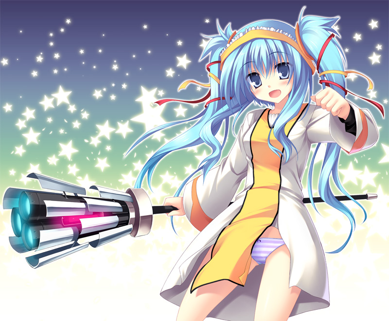 blue_hair broom hair_ribbon long_hair mechanical_broom open_mouth original panties ribbon solo star striped striped_panties tateha_(marvelous_grace) thrusters twintails unconventional_broom underwear