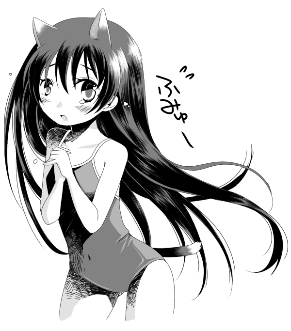 animal_ears cat_ears copyright_request greyscale momoyama_nozomu monochrome one-piece_swimsuit school_swimsuit solo swimsuit tail