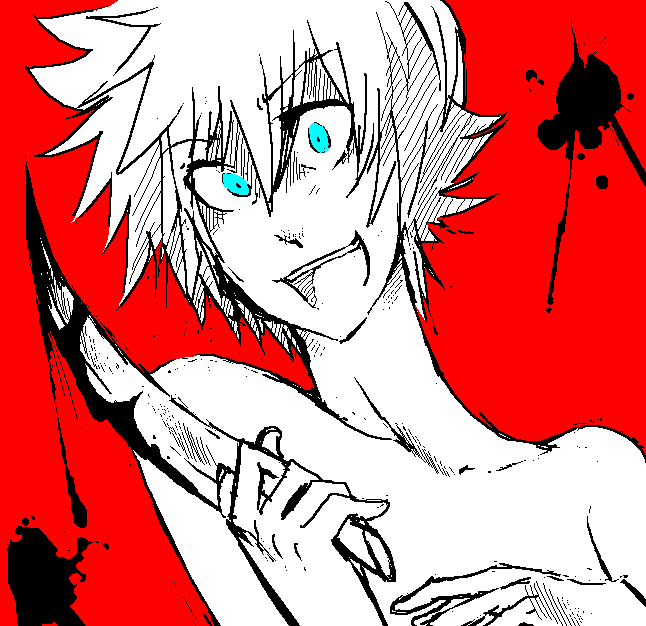 blood blue_eyes crazy_eyes grin kingdom_hearts knife male_focus roxas shirtless smile solo